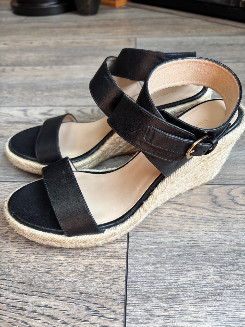 Stuart Weitzman Lexia Espadrille Leather Ankle Strap Black Wedge Sandal Sz 8
